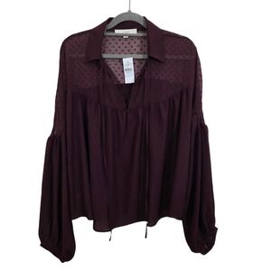 NWT LOFT Sheer Swiss Dot Blouse Top Romantic Boho Wine Colored Size Large